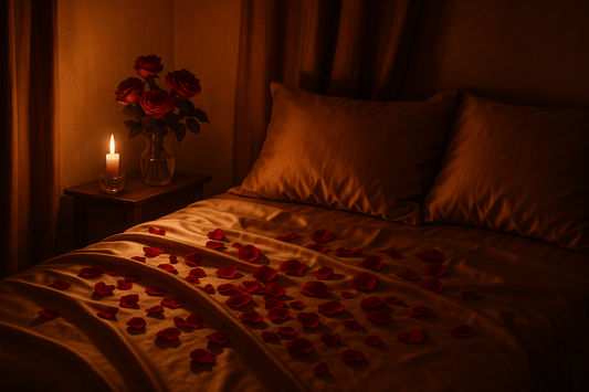 Cozy bedroom setting with rose petals and candlelight, perfect for the rediscovering intimacy guide.