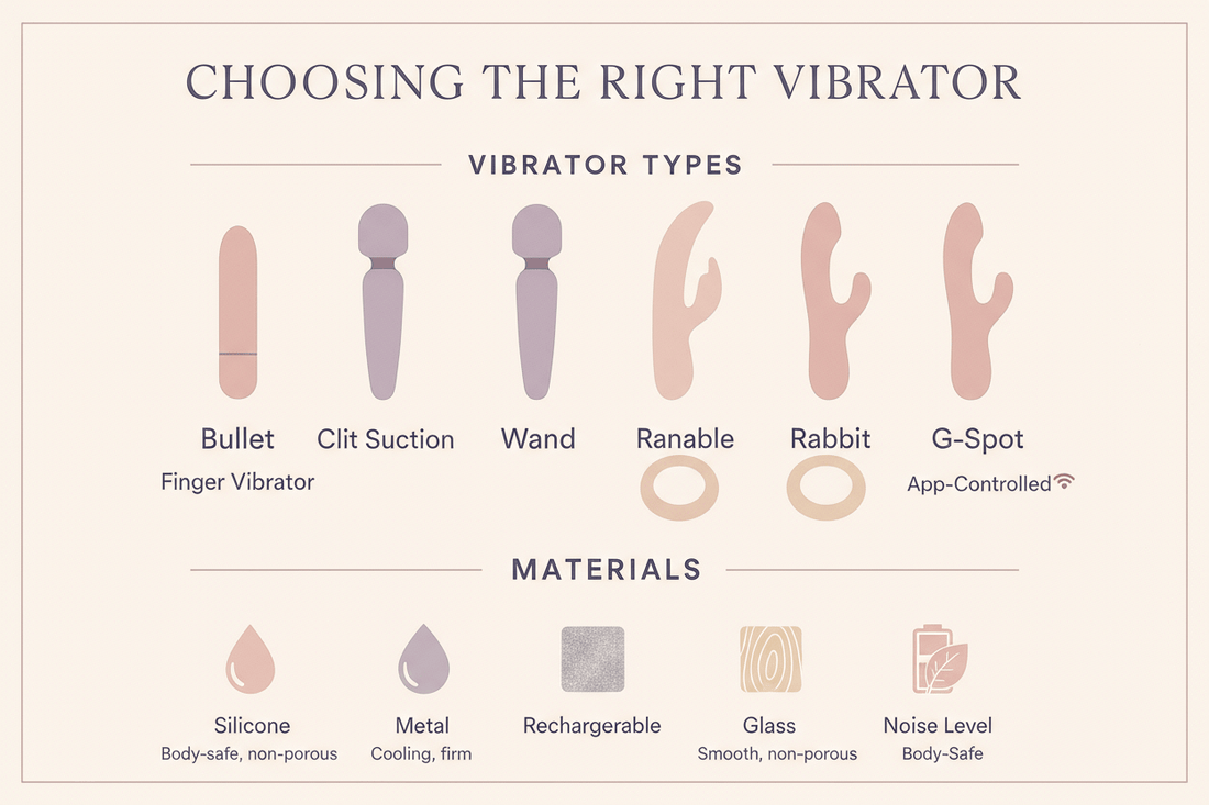 Infographic on choosing the right vibrator types and materials for a beginner vibrator guide.