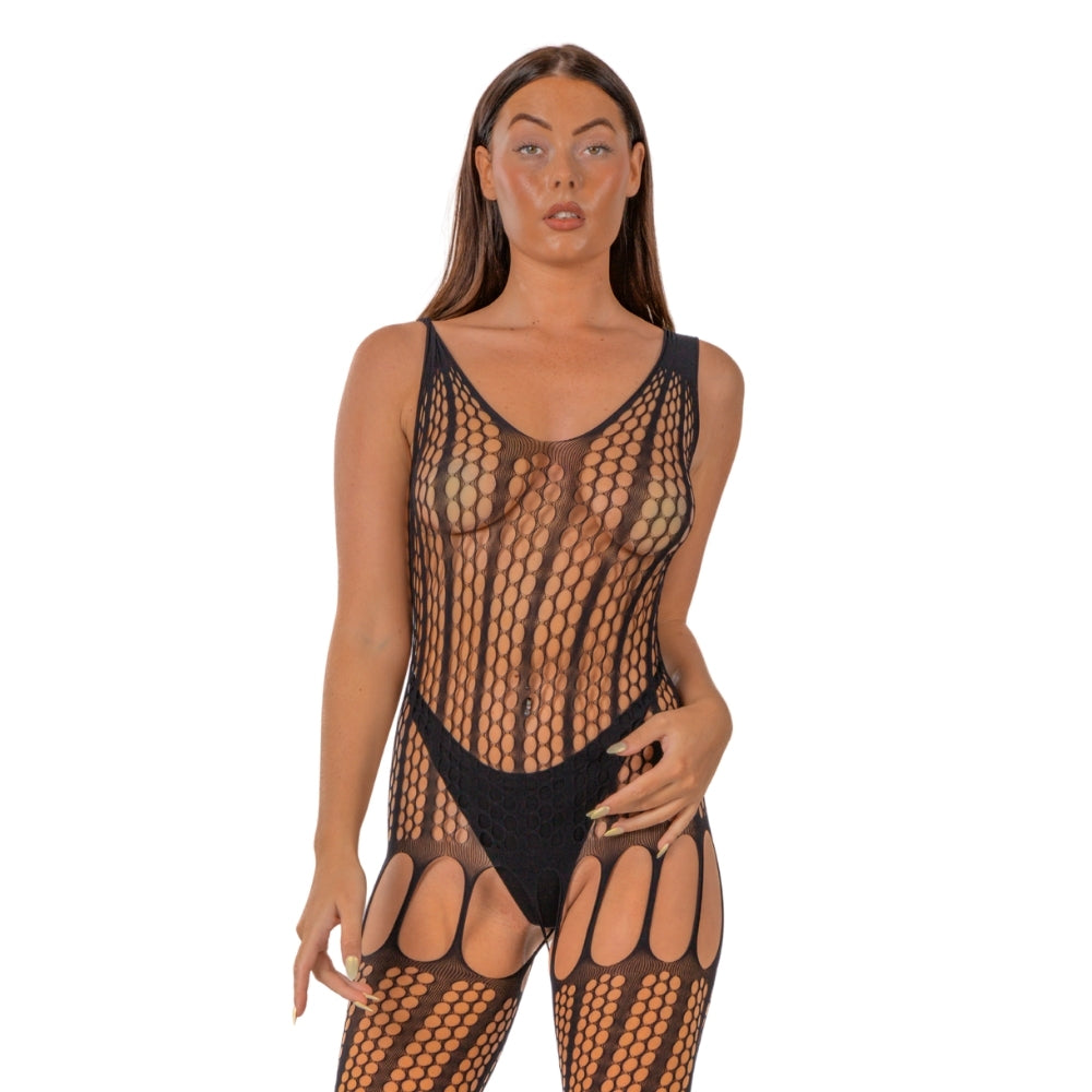 Lace by LJ Crochet Bodystocking with Lace Up Back Black