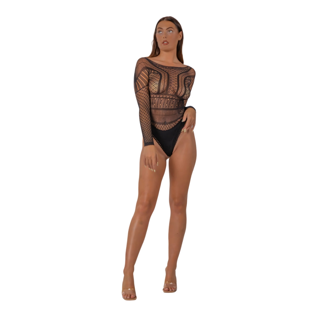 Lace by LJ Seamless Lace Long Sleeved Bodysuit Black