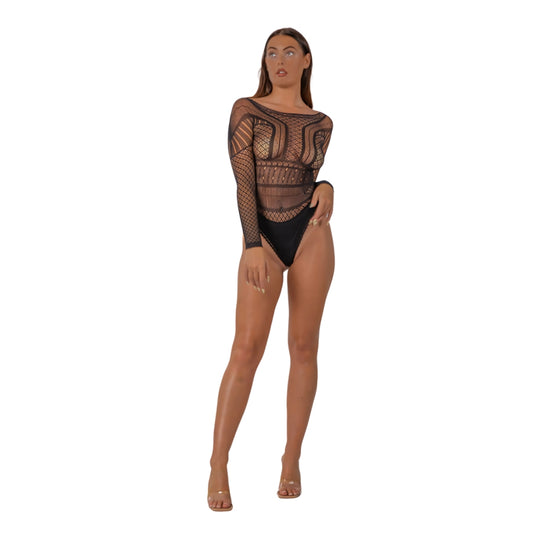 Lace by LJ Seamless Lace Long Sleeved Bodysuit Black