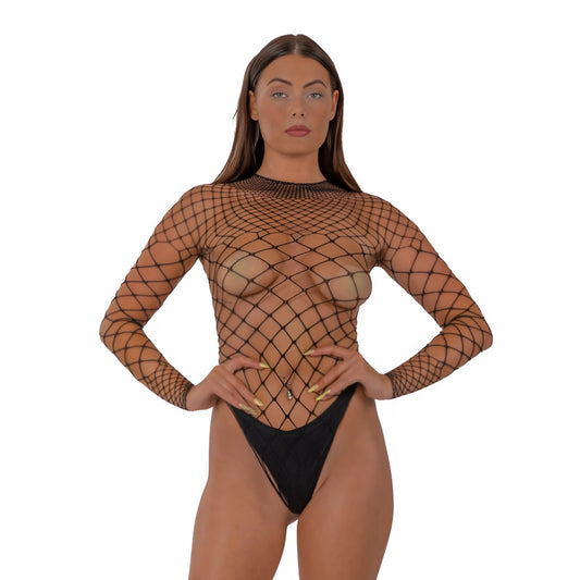 Lace by LJ Fence Net Long Sleeved Thong Bodysuit Black