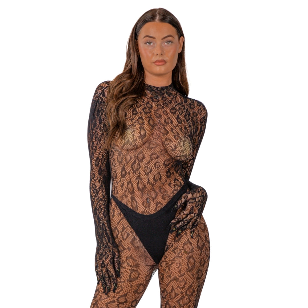 Lace by LJ Gloved Leopard Print Catsuit Black
