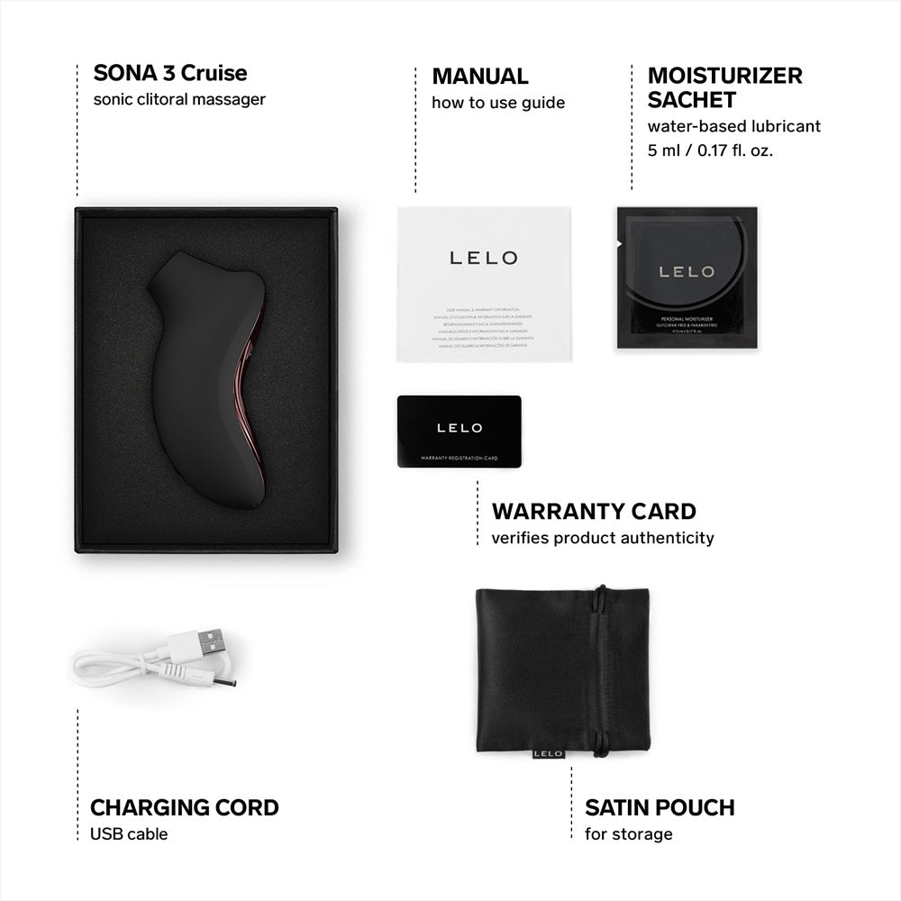 LELO Sona 3 Cruise App Controlled Clitoral Suction Massager-Black Main Product Contents Image